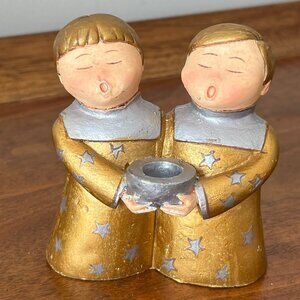 Candy Designs Norway Twin Angels Candle Holder Christmas Gold Silver Stars 3.5"